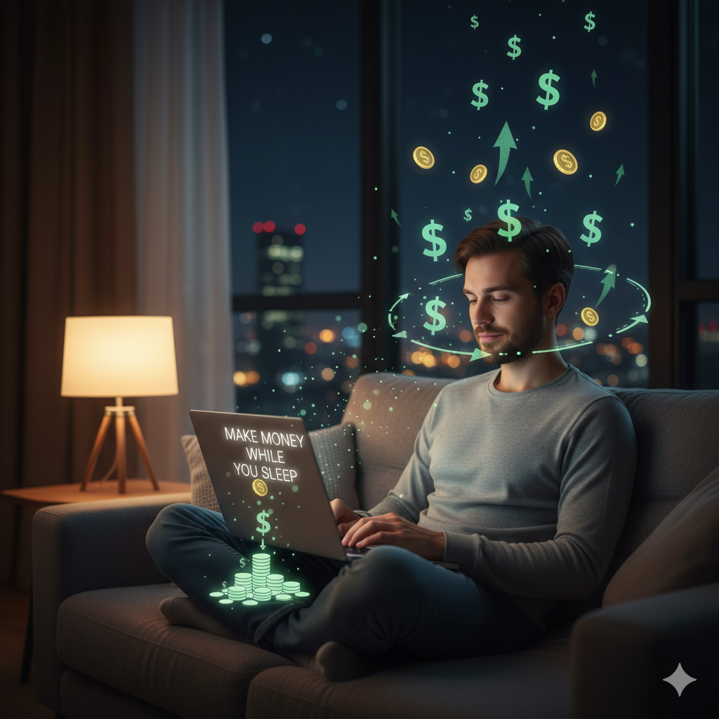 A person earning passive income online through affiliate marketing while resting.
