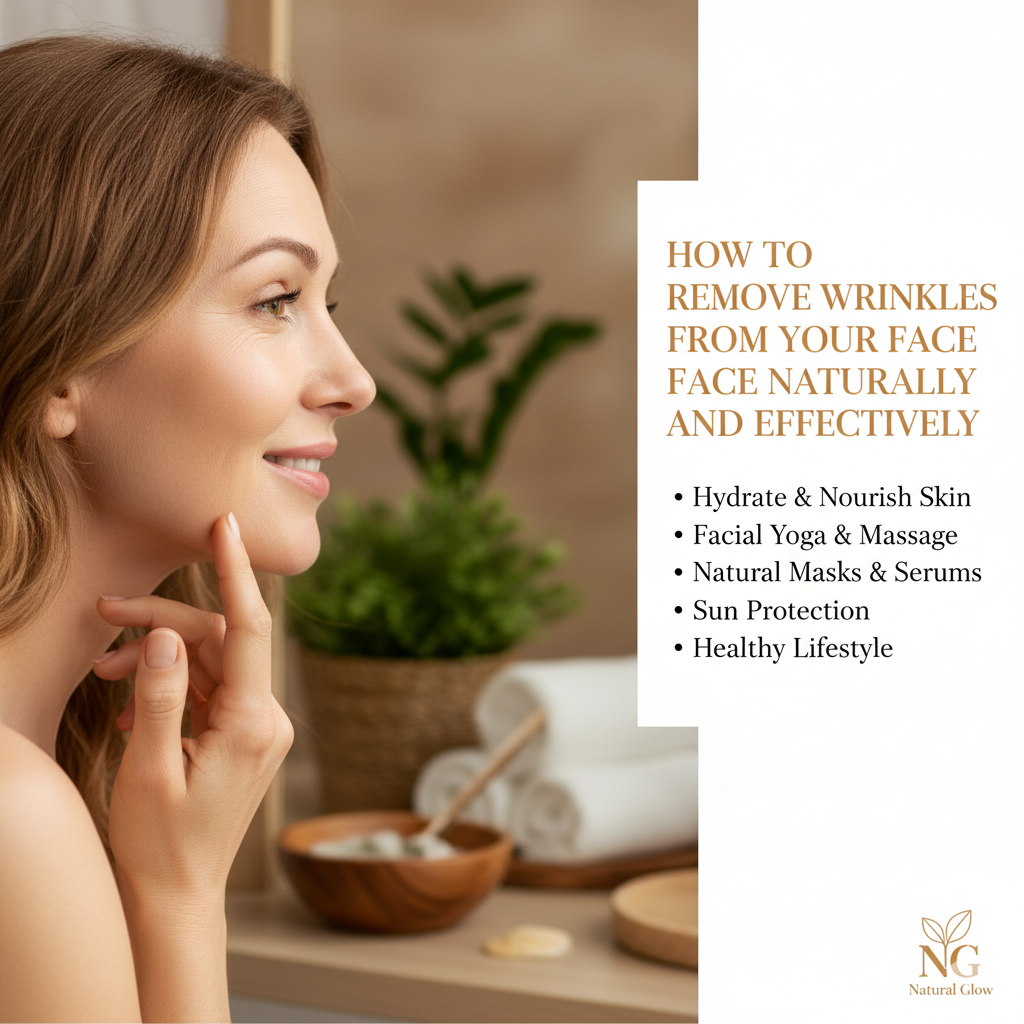 Illustration of a woman with smooth skin surrounded by natural ingredients like aloe vera, honey, coconut, and essential oils for wrinkle removal.