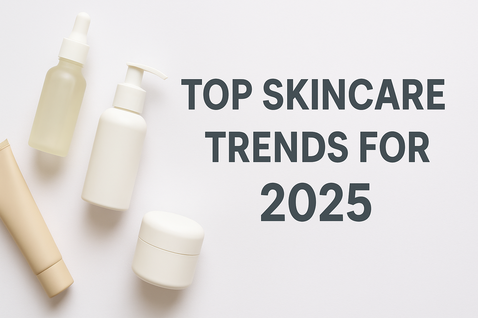 “Flat lay of minimalist skincare products on a white background, representing 2025 skincare trends focused on skin barrier health and simplicity.”